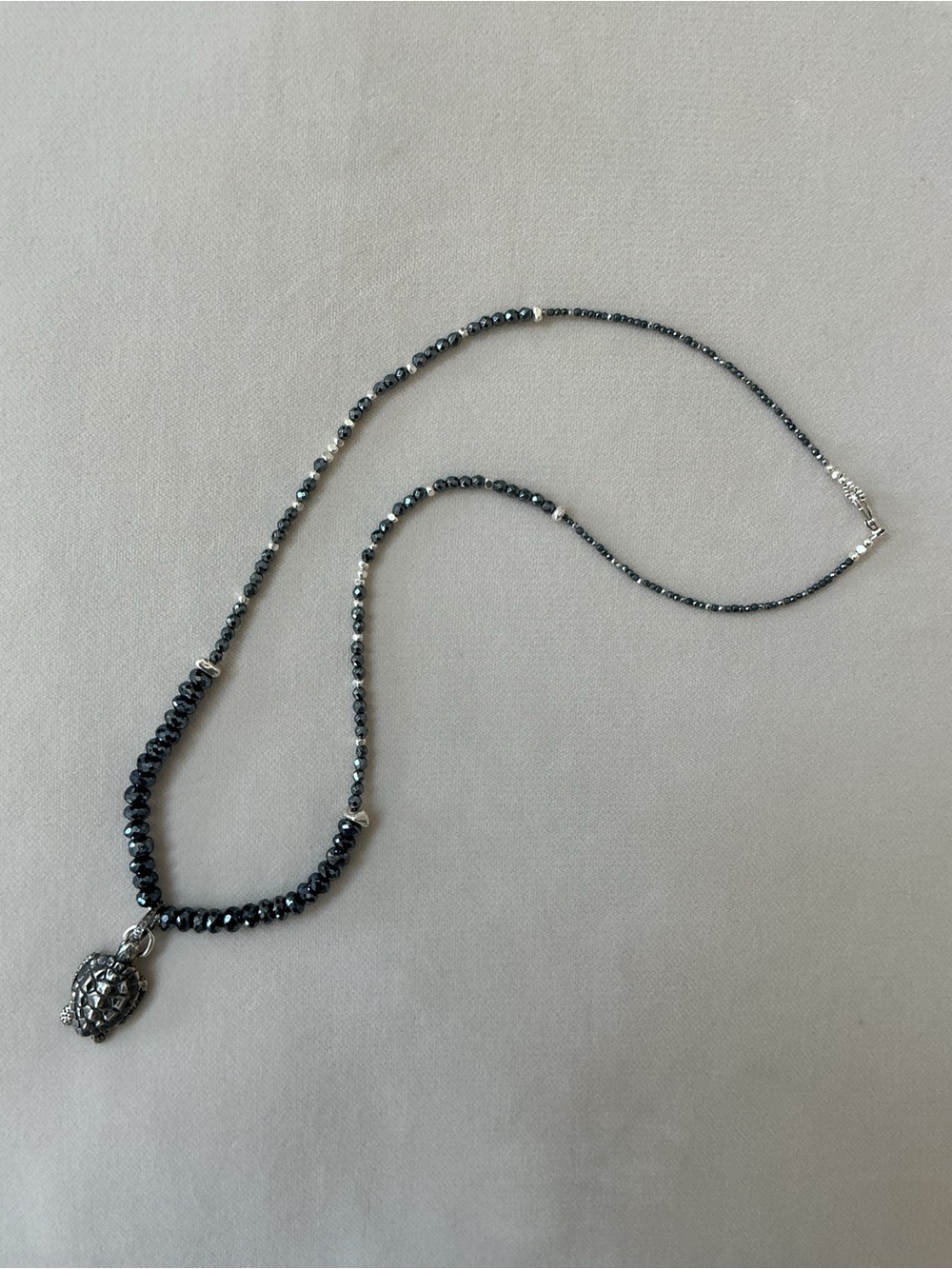 Provocative, Black Zircon and Fine Silver Clasmeyer Turtle Pendant Necklace 27”